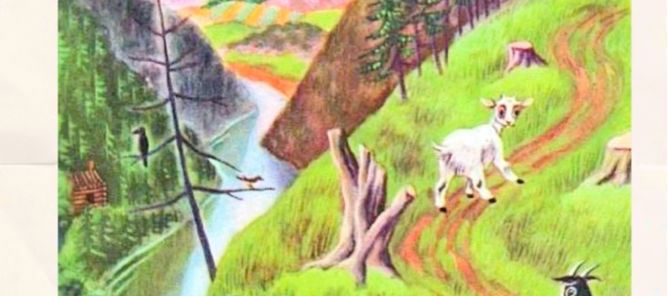 et bokomslag med en gruppe geiter på en bro